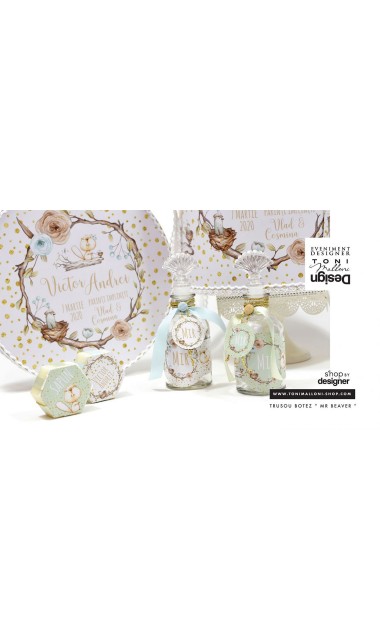Trusou de botez cu castori, buline gold si ramuri de brad personalizat pentru baieti 19